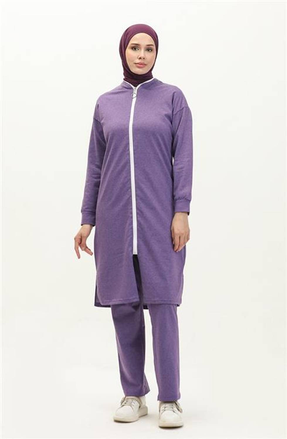 Zippered Long Plain Basic Cap Tracksuit Sports Set - Dark Lilac - AK06006.03044