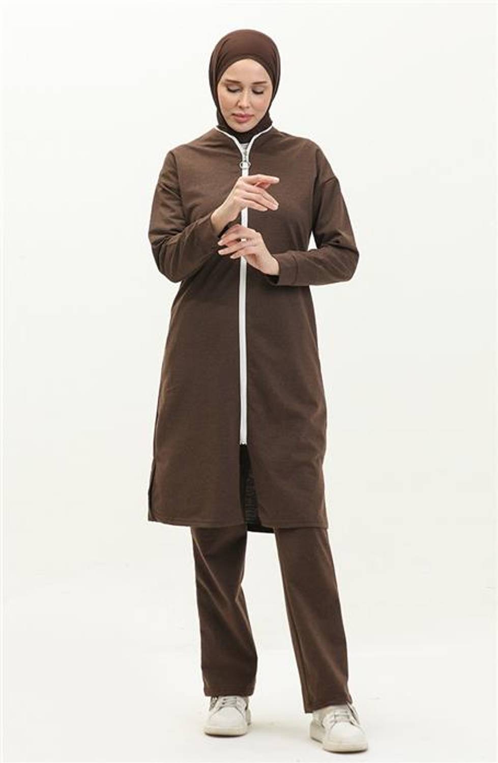 Zippered Long Plain Basic Cap Tracksuit Sports Set - Brown - AK06006.03044