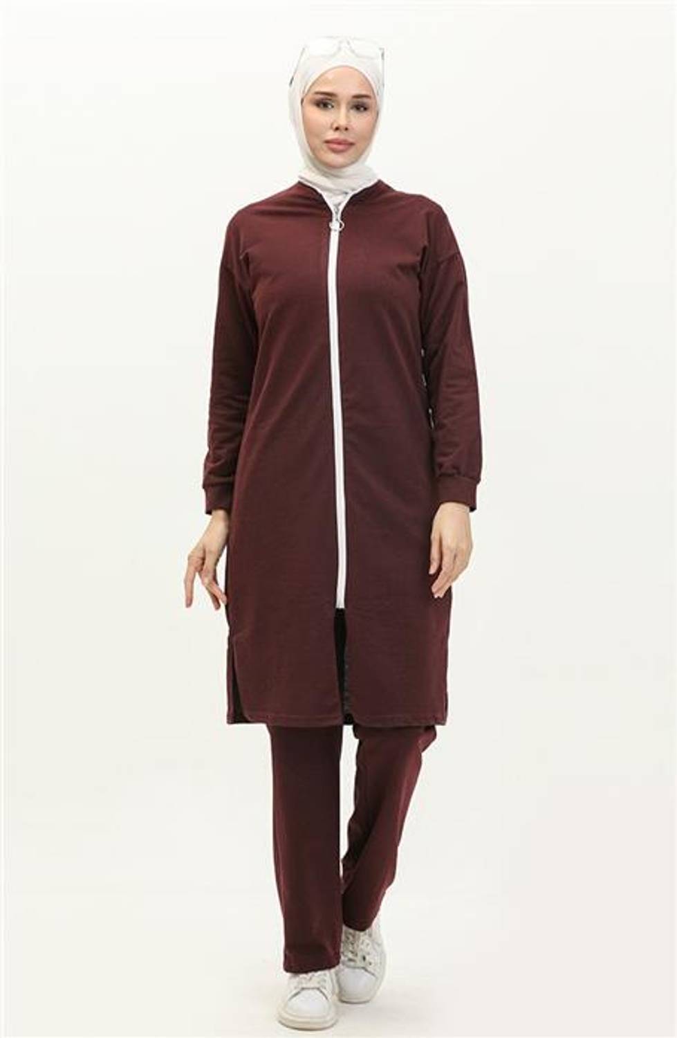 Crew Neck Zippered Long Tunic Plain Basic Sports Set - 3044 - Claret Red