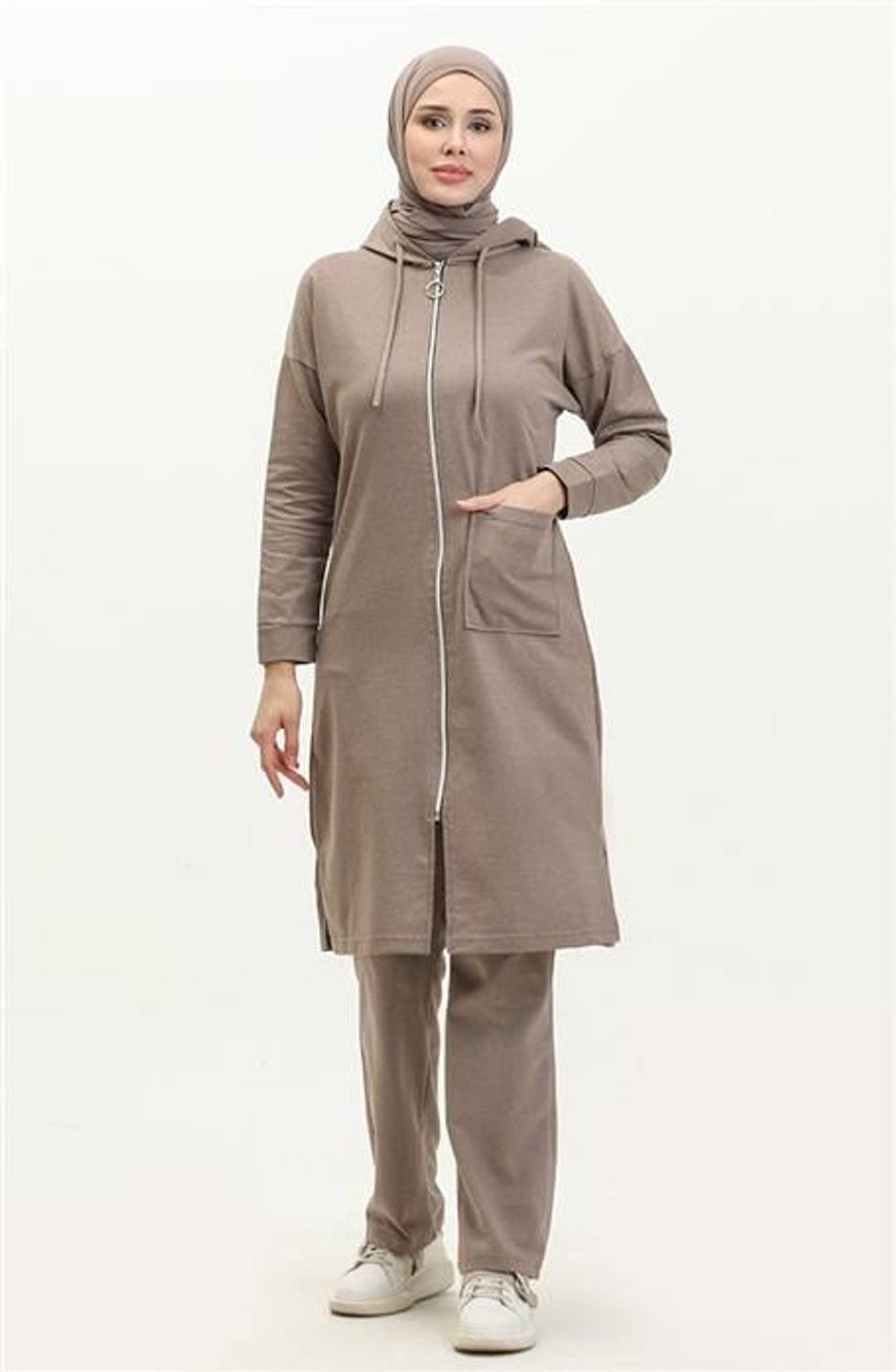 Hooded Zipper Slit Long Sweat Trousers Sports Double Suit - 03055 - Mink