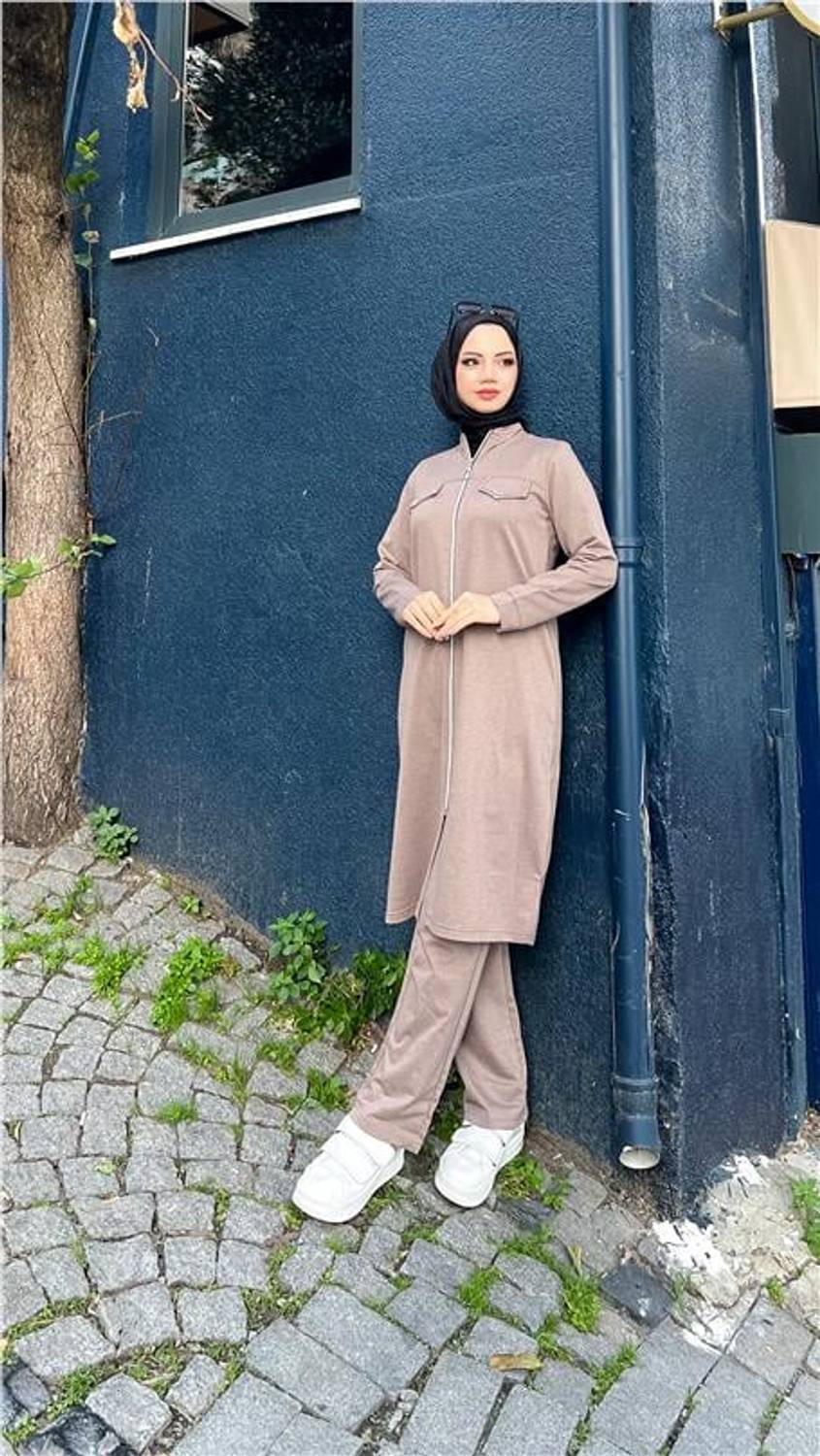 Zippered Long Tunic Trousers Sports Double Suit - 03058 - Mink