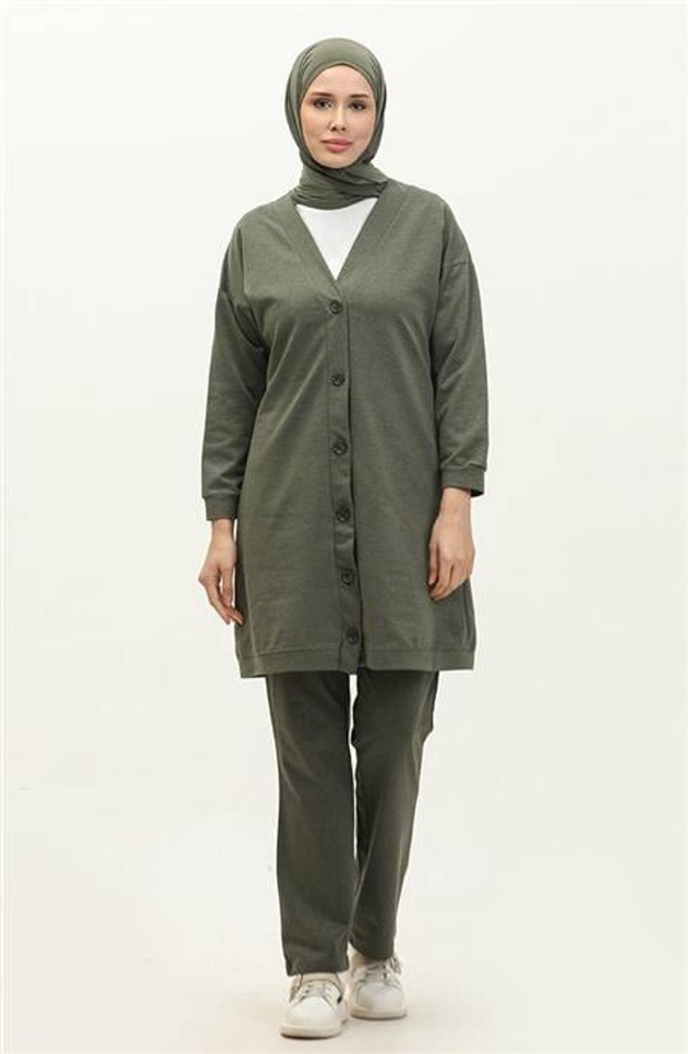 Düğmeli V Yakalı Sade Basic Eşofman Spor İkili Takım - 03051 - Haki