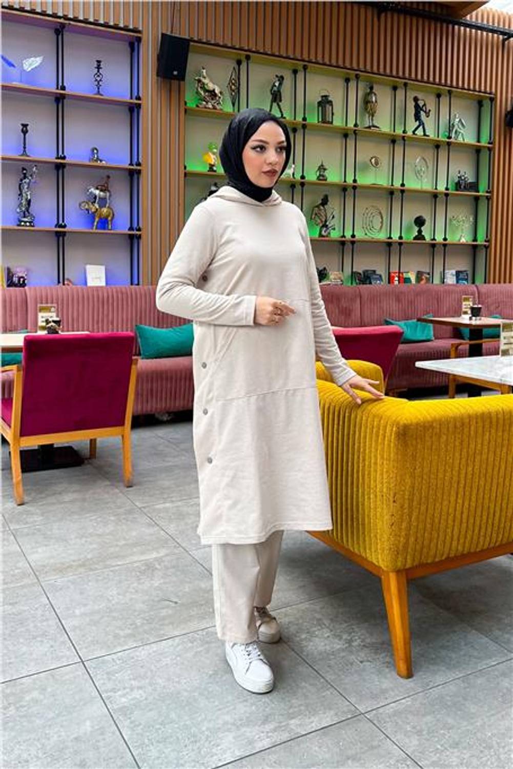 بدلة رياضية مزدوجة بغطاء للرأس وبنطلون وسترة طويلة أساسية وبنطلون - 03071 - إكرو