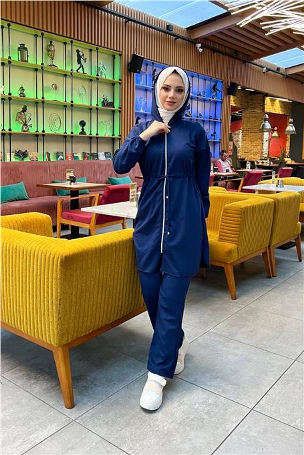 Спортивний комплект з капюшоном, простий базовий, з поясом, на блискавці, світло-синій