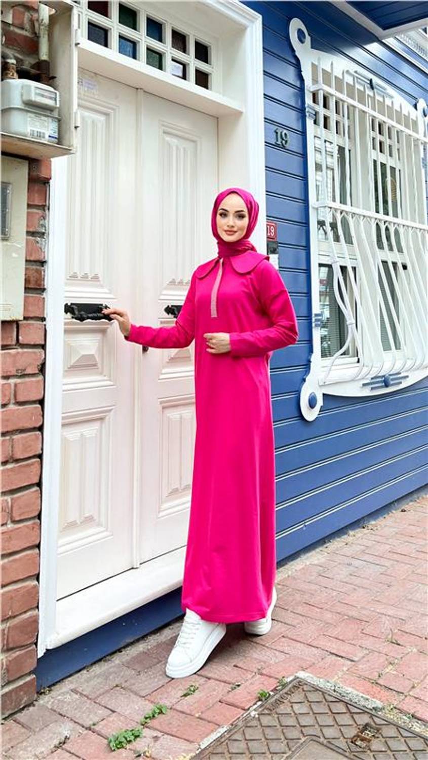 Heavenly Stone Detailed Collar Dress - Fuchsia - Sizes 38 to 46 Available