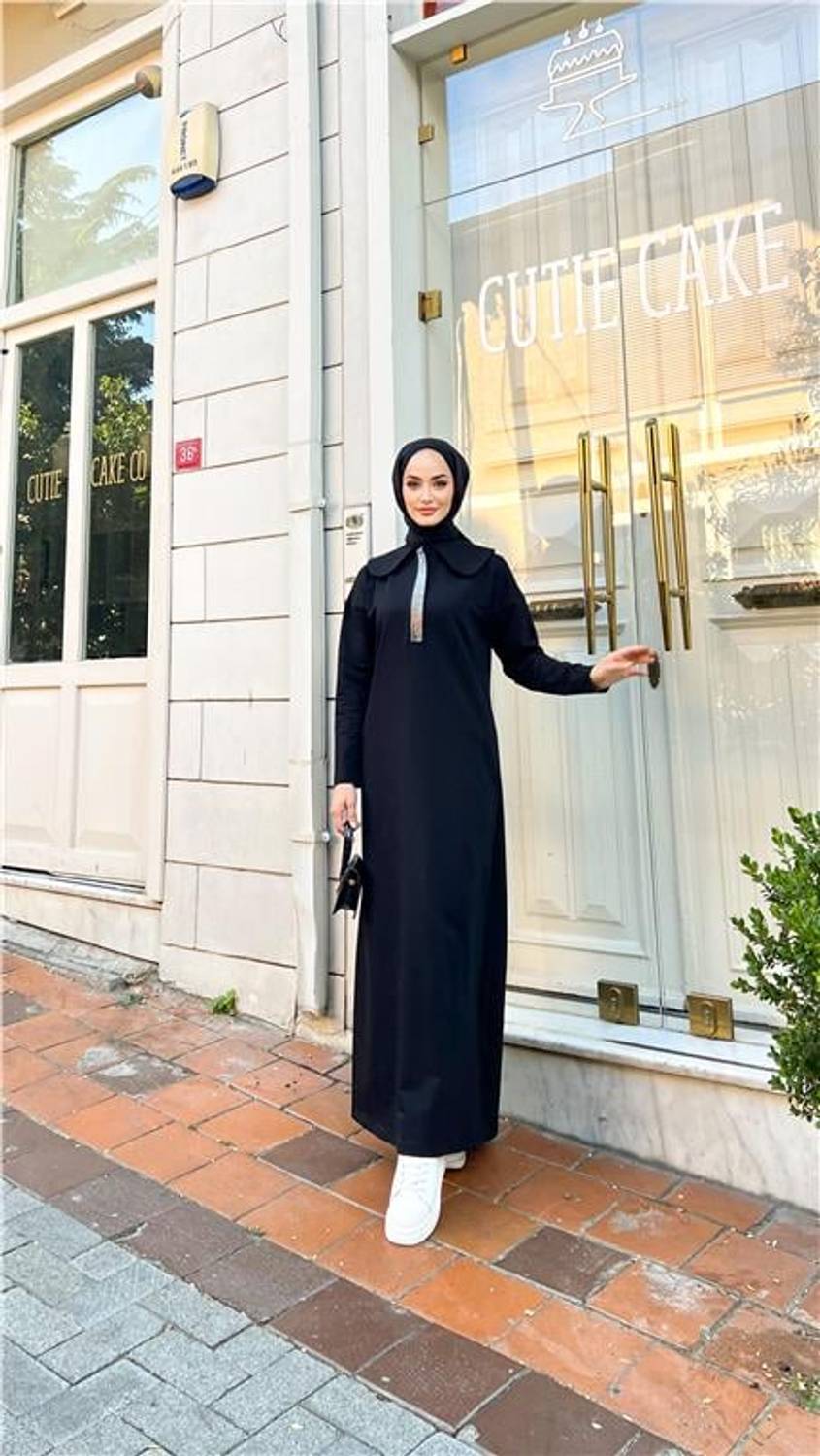 Heavenly Stone Detailed Collar Dress - Navy Blue in Various Sizes