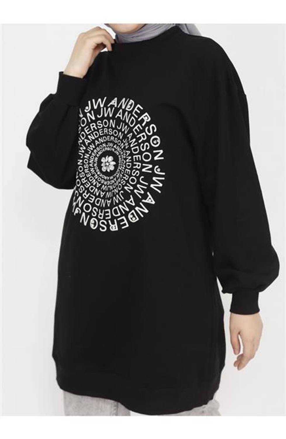 Daisy Stone Detailed Embroidery Printed Sweatshirt - 71143 - Black