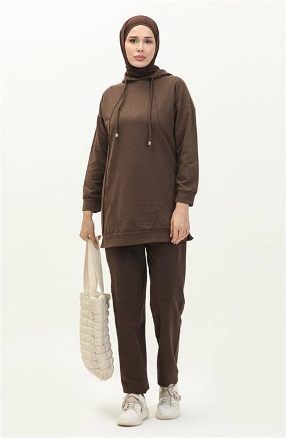 Hooded O-neck Plain Basic Tracksuit Sports Set - Brown - AK06006.03039