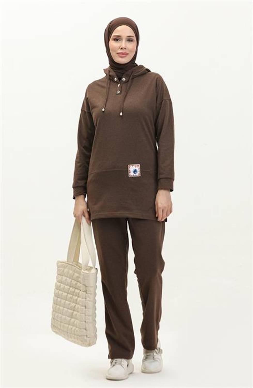 Kapşonlu Çıtçıtlı Sade Basic İkili Eşofman Spor Takımı - Kahverengi - AK06006.03036