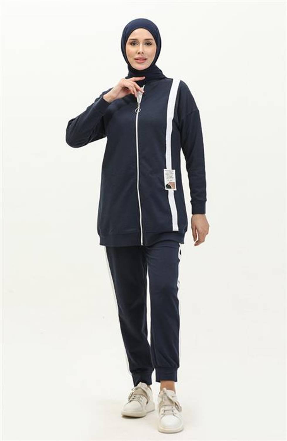 طقم رياضي بسحاب وشريط جانبي - 3035 - أزرق داكن