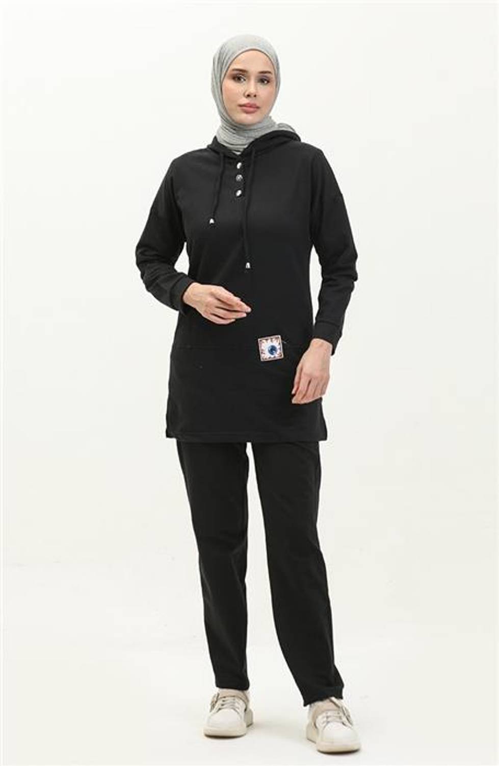 Plain Basic 2-piece Tracksuit with Hooded and Snap Fasteners - Black - AK06006.03036