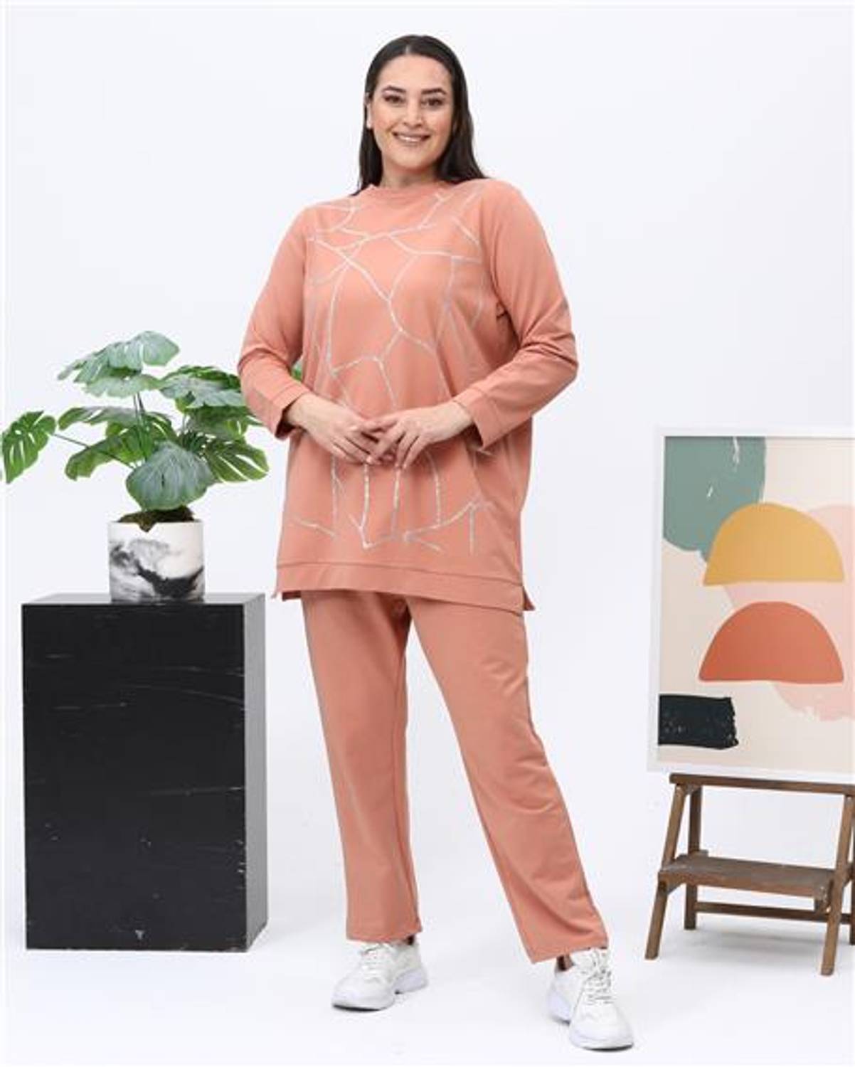 Payidar Taş Baskılı Büyük Beden İkili Eşofman Spor Takımı - Somon - AK04006.12005