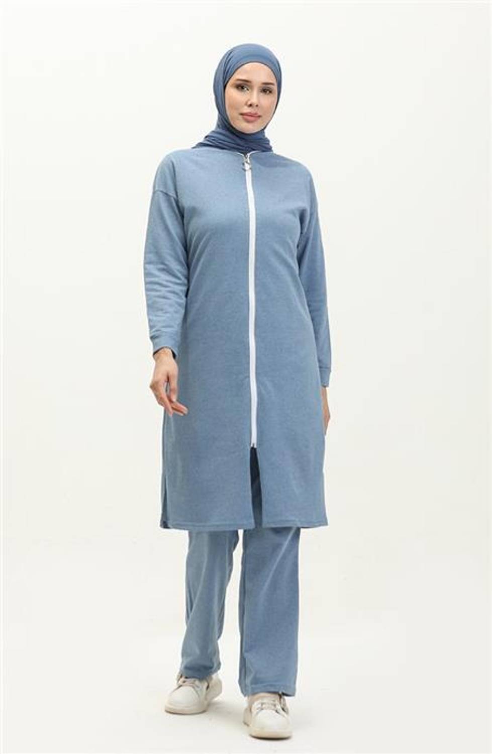 Zippered Long Plain Basic Cap Tracksuit Sports Set - 3044 - Blue