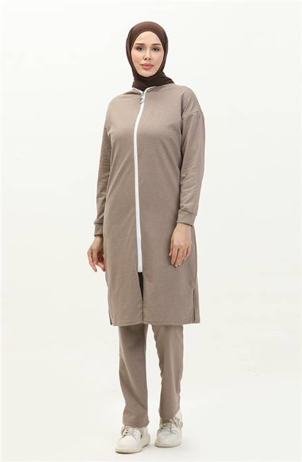 Fermuarlı Uzun Sade Basic Kap Eşofman Spor Takımı - Vizon - AK06006.03044