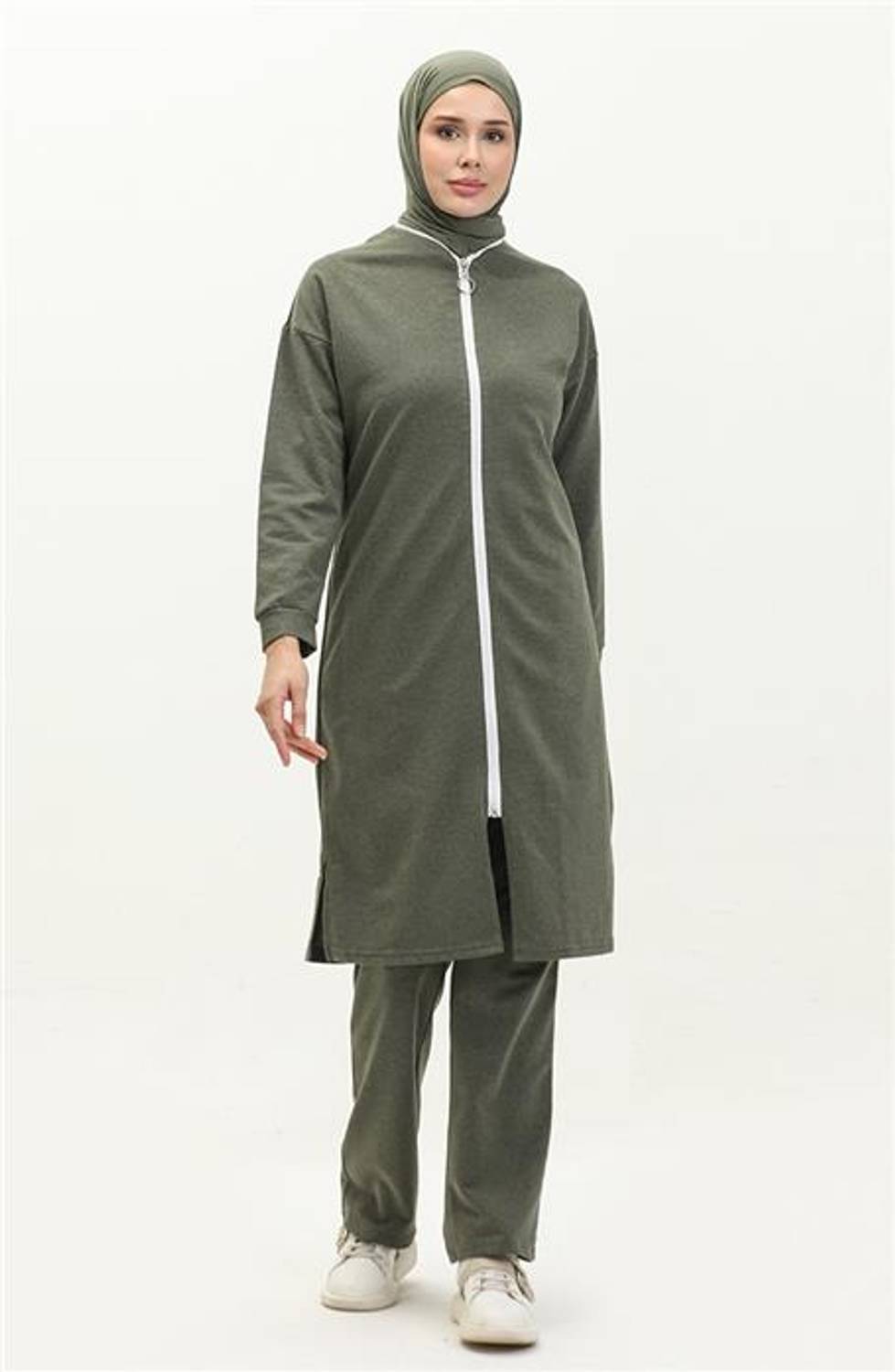 Жіноча спортивна форма з капюшоном на блискавці - 3044 - Хакі, 80% бавовна, підходить для 4 сезонів, основний дизайн