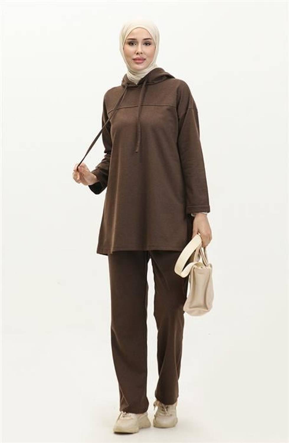 Kapşonlu Sweat Eşofman Sade Basic Spor Takım - 03056 - Kahverengi
