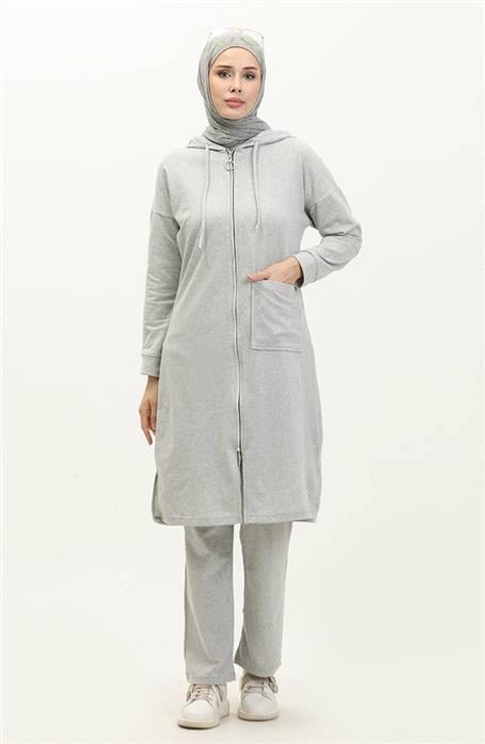 Hooded Zipper Slit Long Sweat Trousers Sports Double Suit - 03055 - Gray
