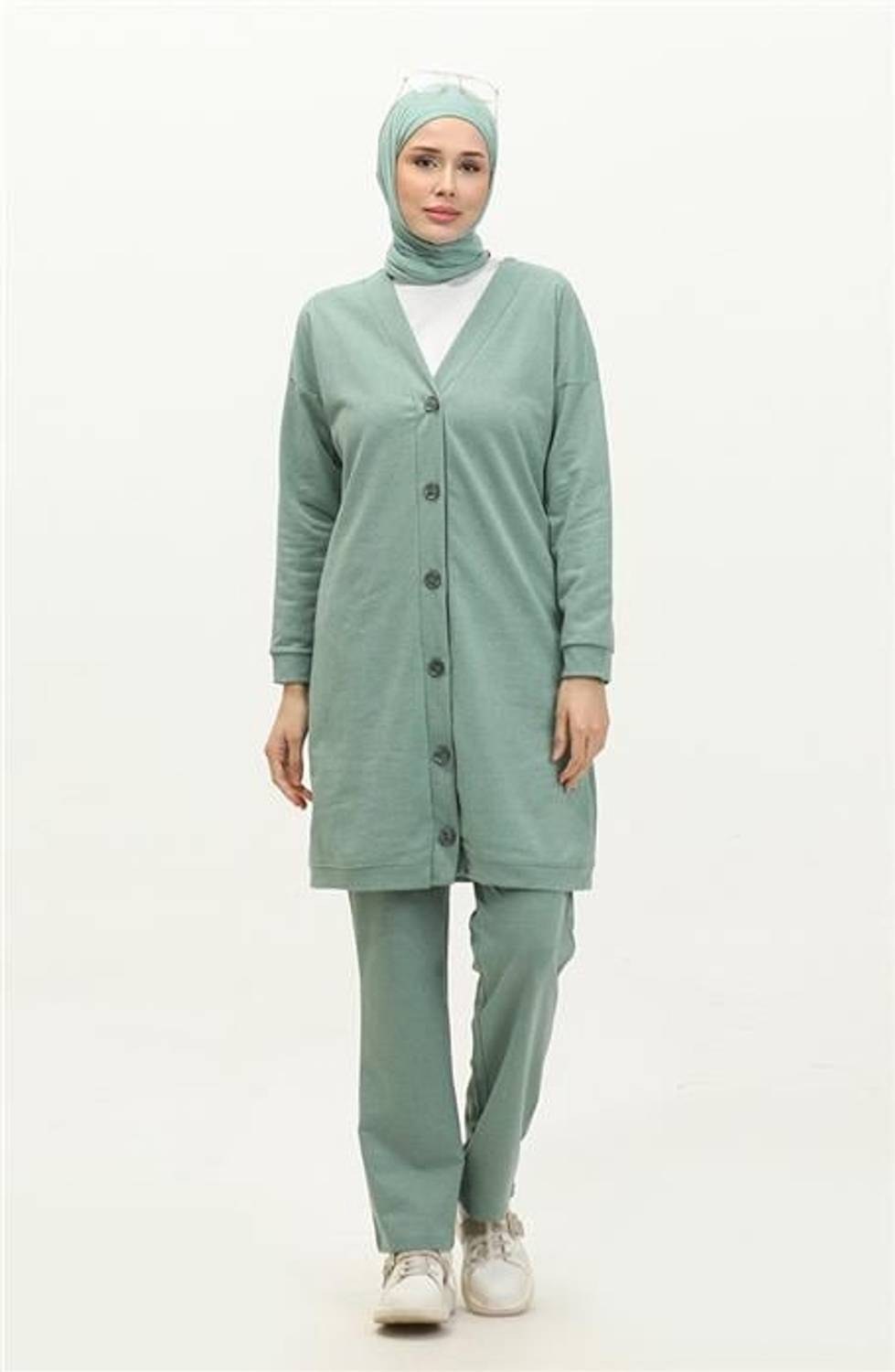 Buttoned V-Neck Plain Basic Tracksuit Sports Double Set - 03051 - Green
