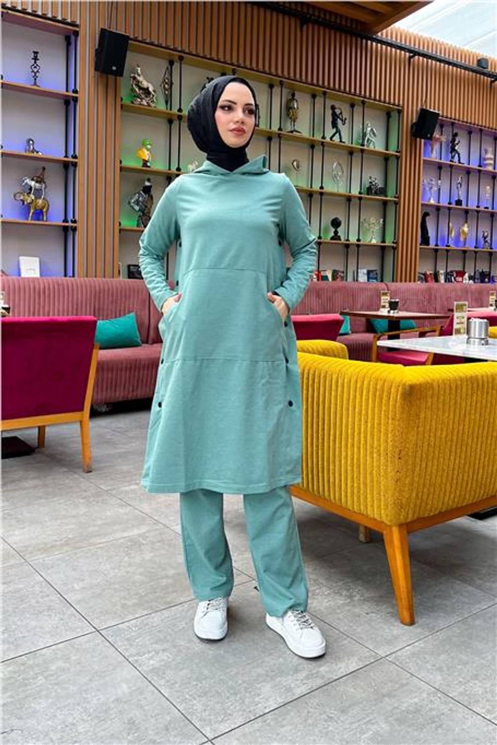 Plain Basic Long Tunic and Trousers with Hooded Side Snaps - 03071 - Green