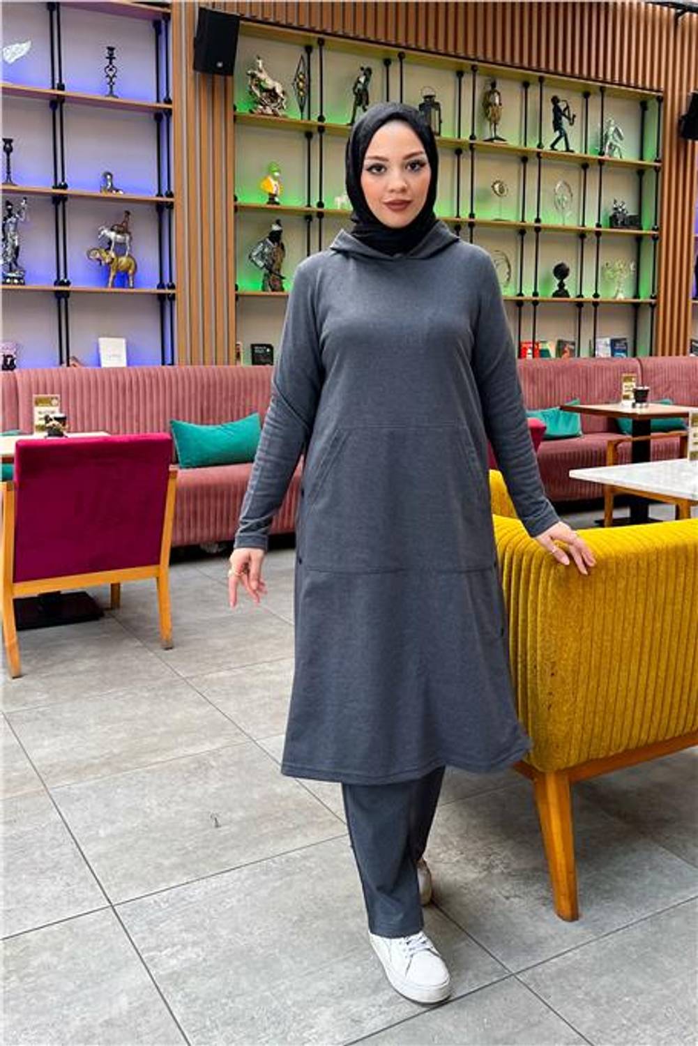Hooded Side Snaps Plain Basic Long Tunic and Trousers Double Sports Suit - 03071 - Anthracite