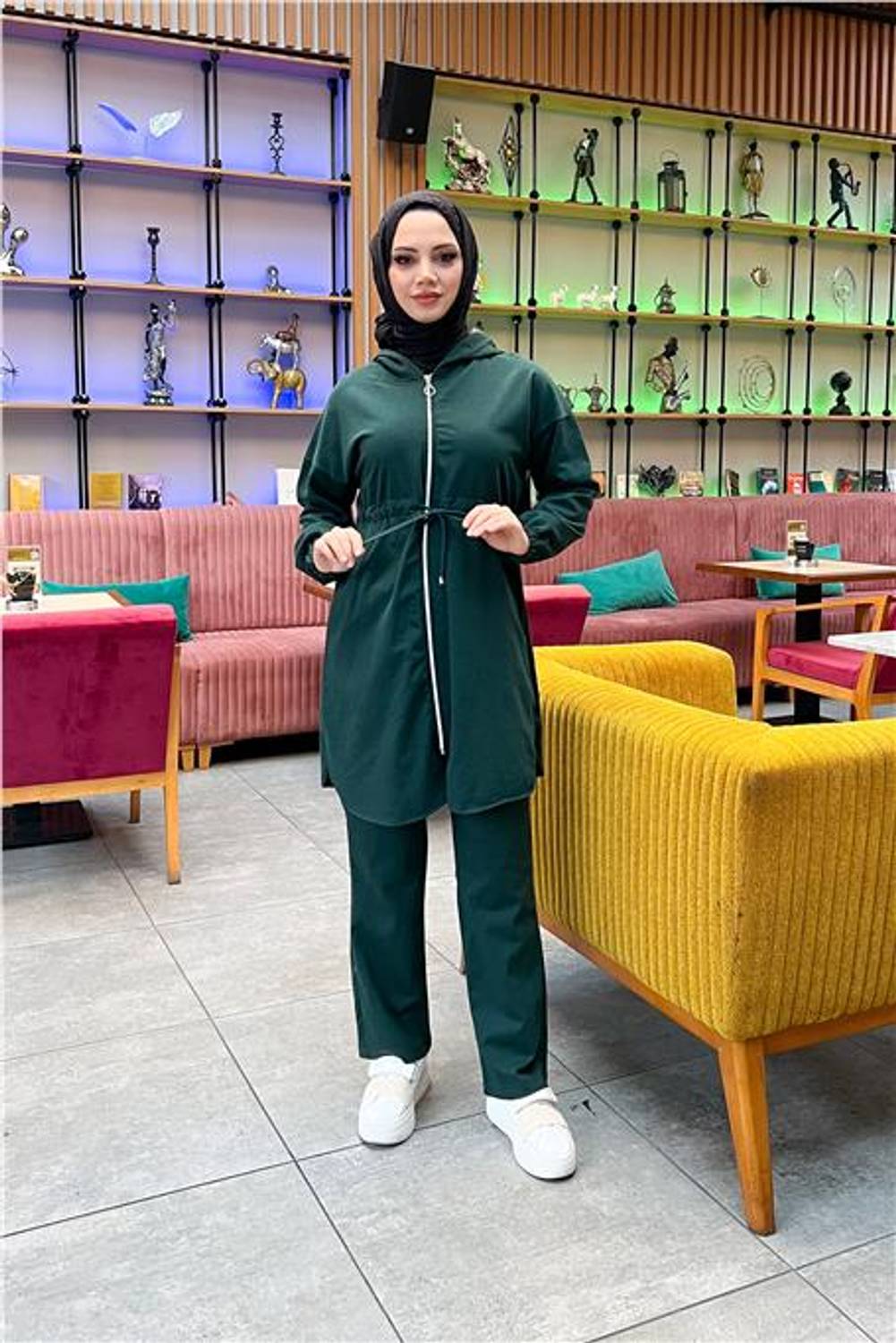 Костюм спорту з капюшоном та блискавкою, простий базовий, зав'язується на талії, колір нефритовий