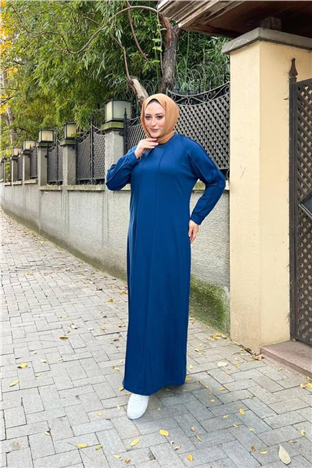 فستان رياضي أساسي بسيط بخصر طويل مزدوج كبير الحجم - 12026 - لون إنديغو