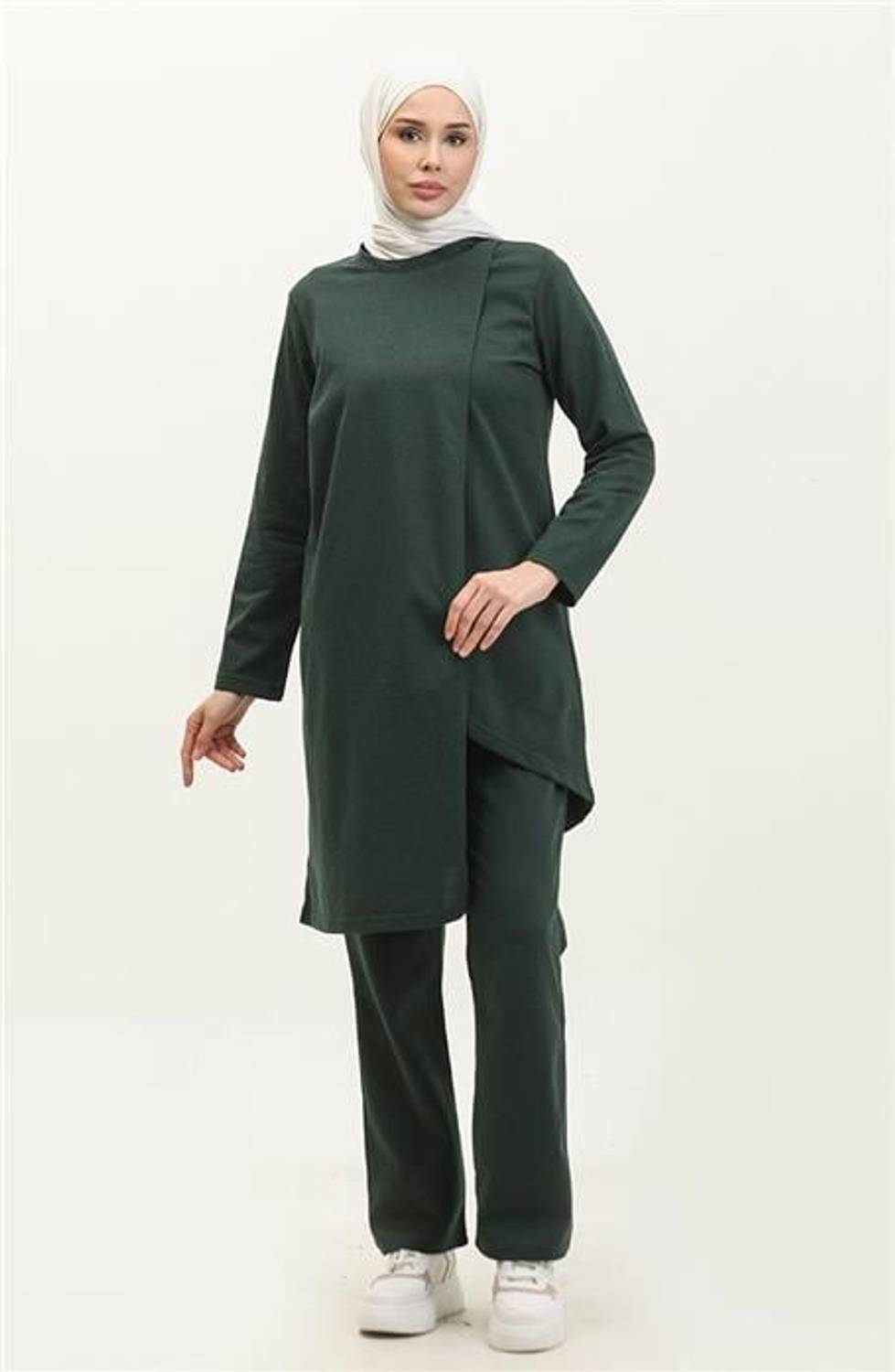 Kruvaze Bisiklet Yaka Sade Basic Tunik Panolon İkili Takım - 03076 - Nefti