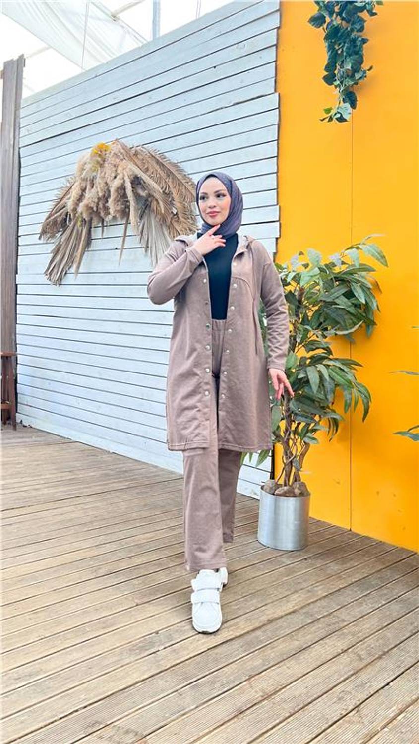 Костюм з капюшоном та брюками у стилі спорт на блискавці - 03078 - Візон, доступний в розмірах 38-46