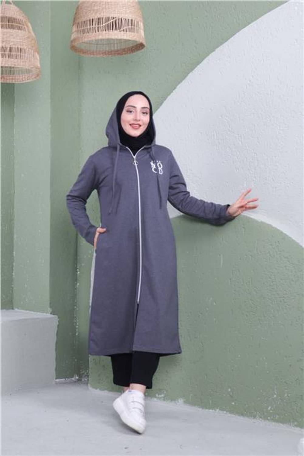 Printed Zip Hoodie Long Sweatshirt - Dark Gray