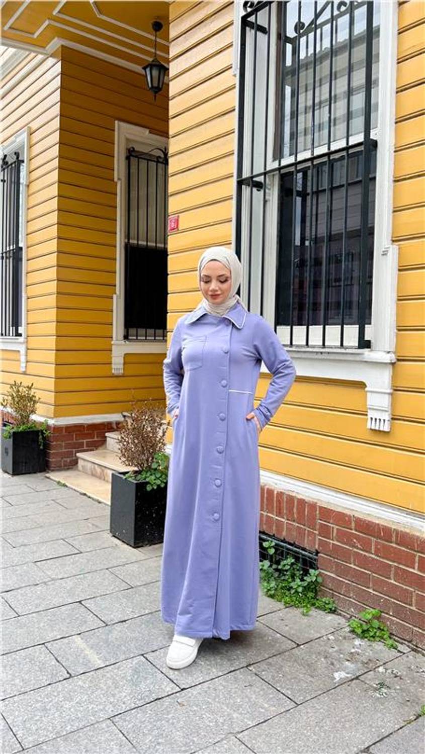 Длинная абая с карманами и пуговицами, из хлопка, цвет лилак, размеры 38-46