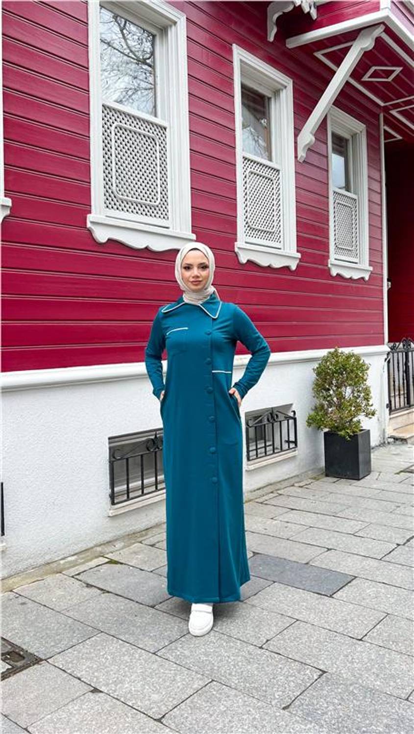 Yakalı Cepli Yandan Düğmeli Pamuklu Uzun Ferace - 71176.208 - Koyu Petrol