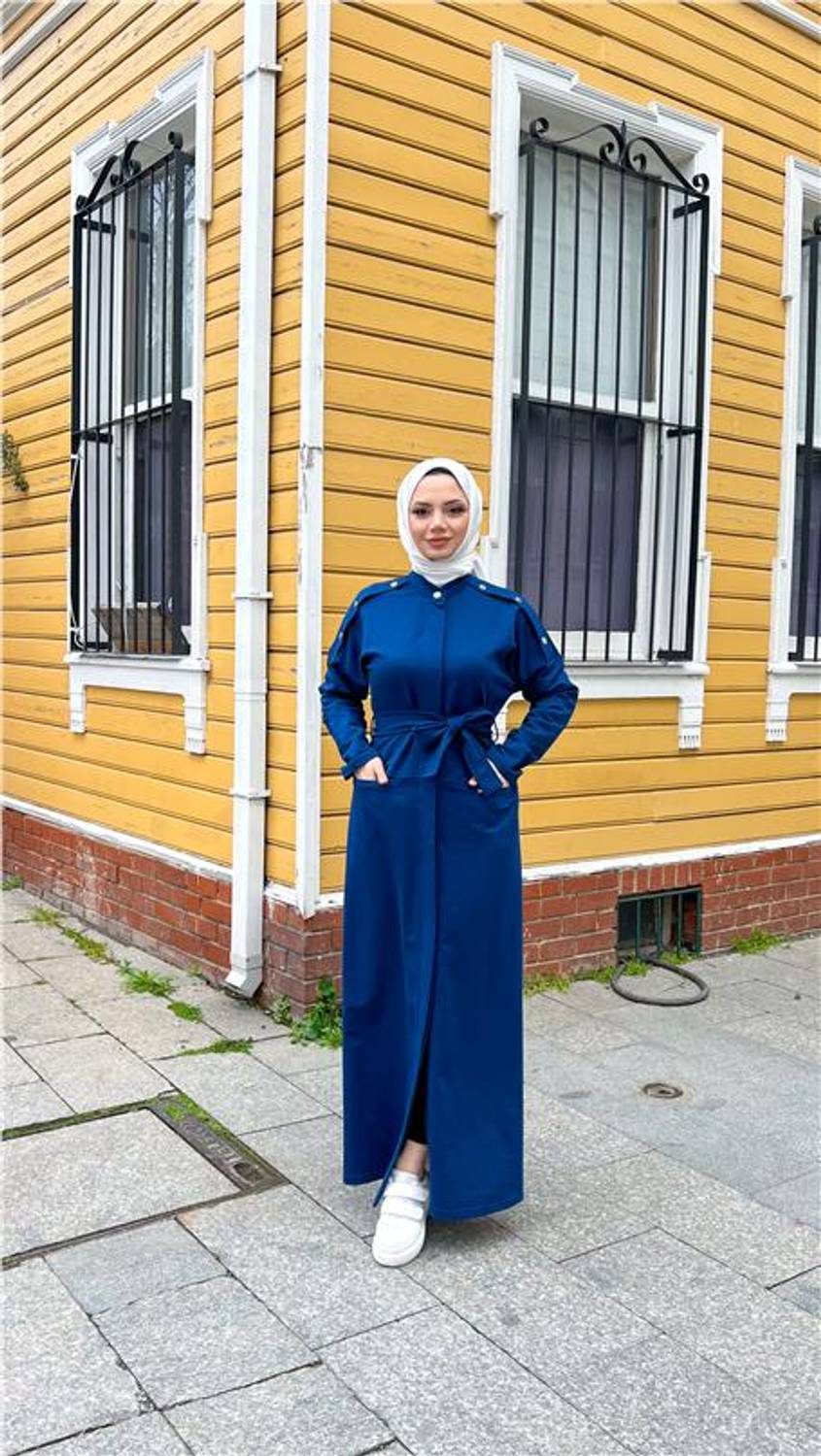 O Yaka Belden Bağlamalı Cepli Pamuklu Uzun Ferace - 71177.006 - İndigo