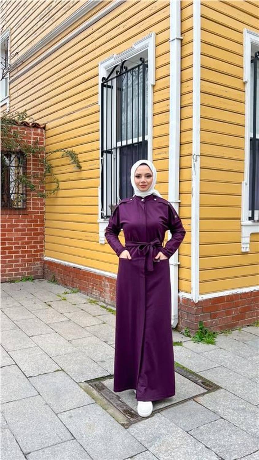 O Yaka Belden Bağlamalı Cepli Pamuklu Uzun Ferace - 71177.020 - Mürdüm