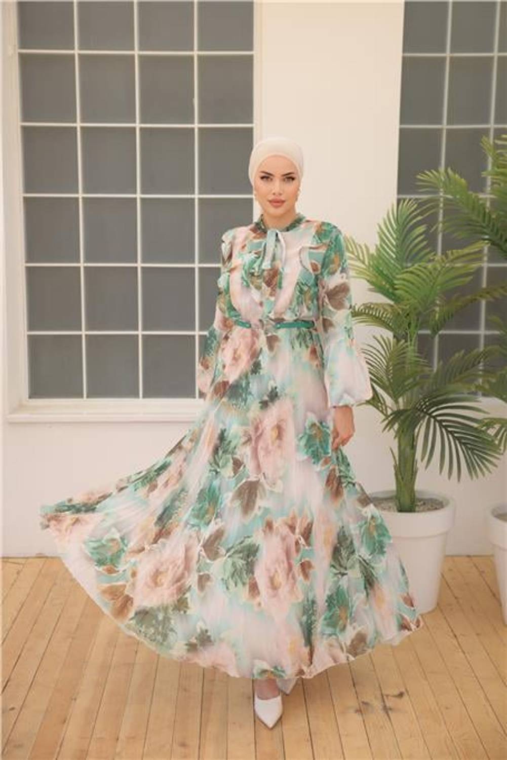 Довге шифонове плаття з візерунком та поясом - зелений, 44-46-38-40-42 щоденний стиль