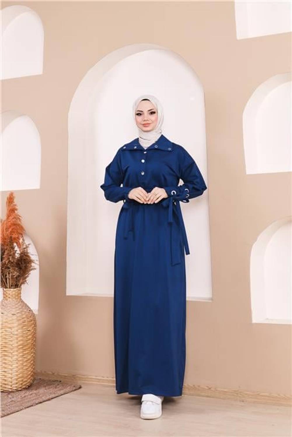 Indigo Long Dress with Tie and Snap Detail, Size 38-46, 2024 Collection by Bwest