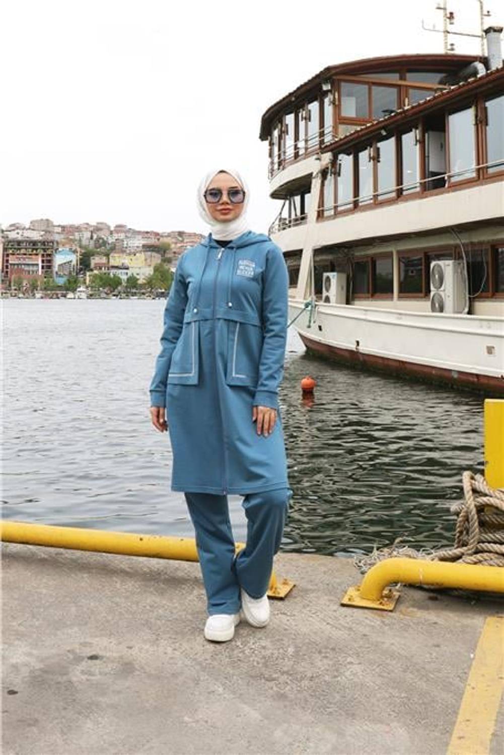 Fermuarlı Cepli Kapşonlu İkili Tesettür Eşofman Takımı - 71184 - Petrol