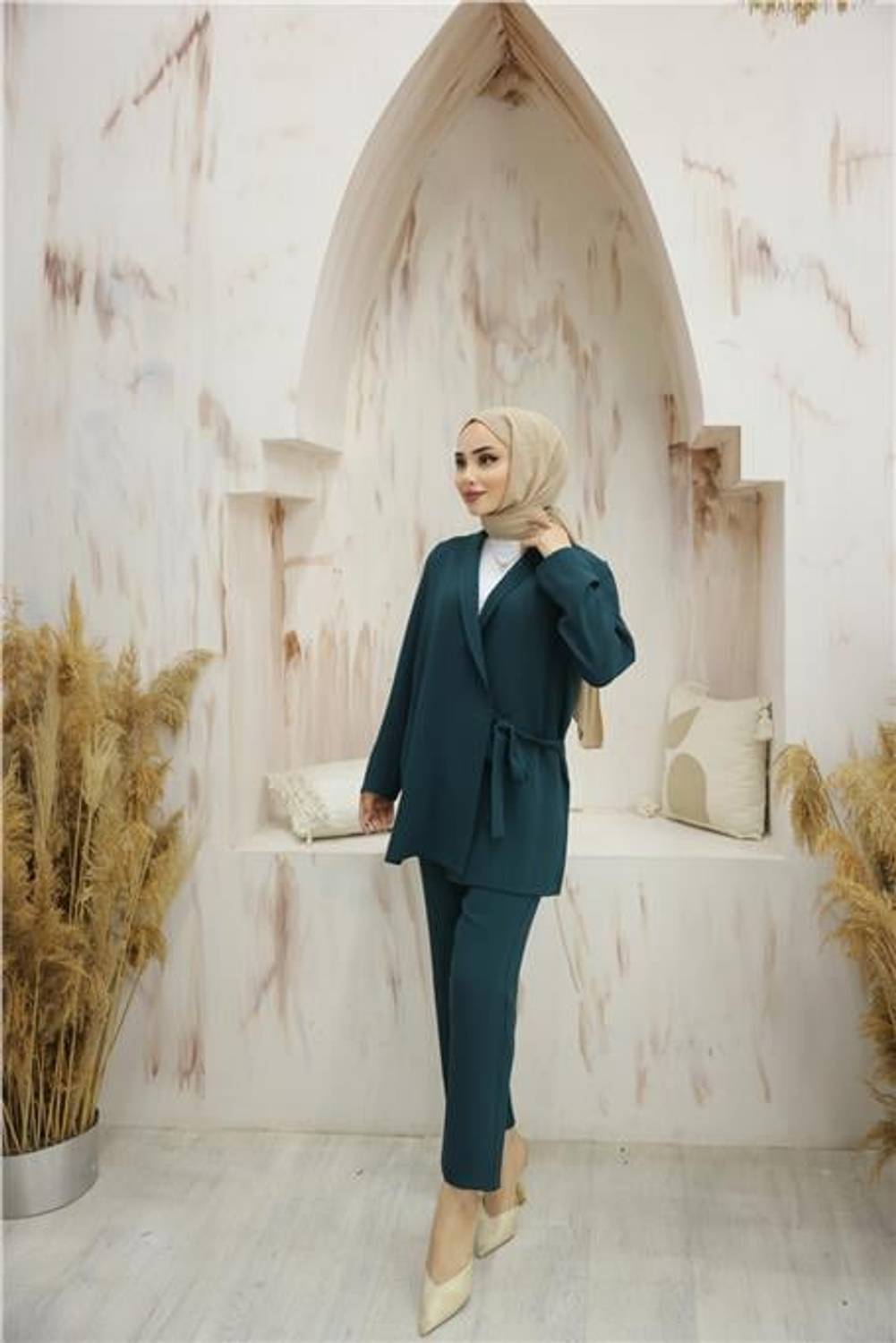 Yandan Bağlamalı Krep Ceket İkili Takım - 71194 - Zümrüt