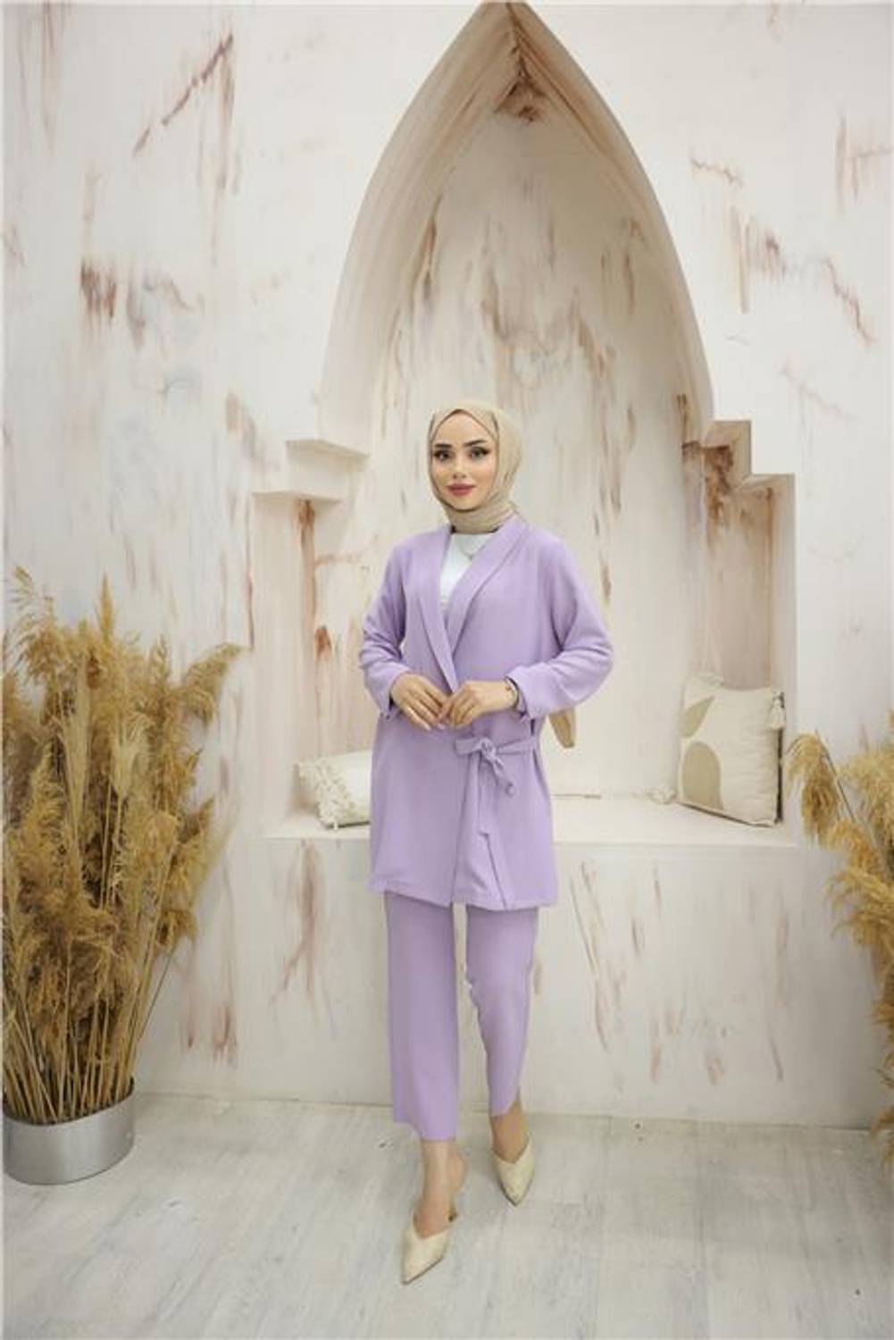 Yandan Bağlamalı Krep Ceket İkili Takım - 71194 - Lila