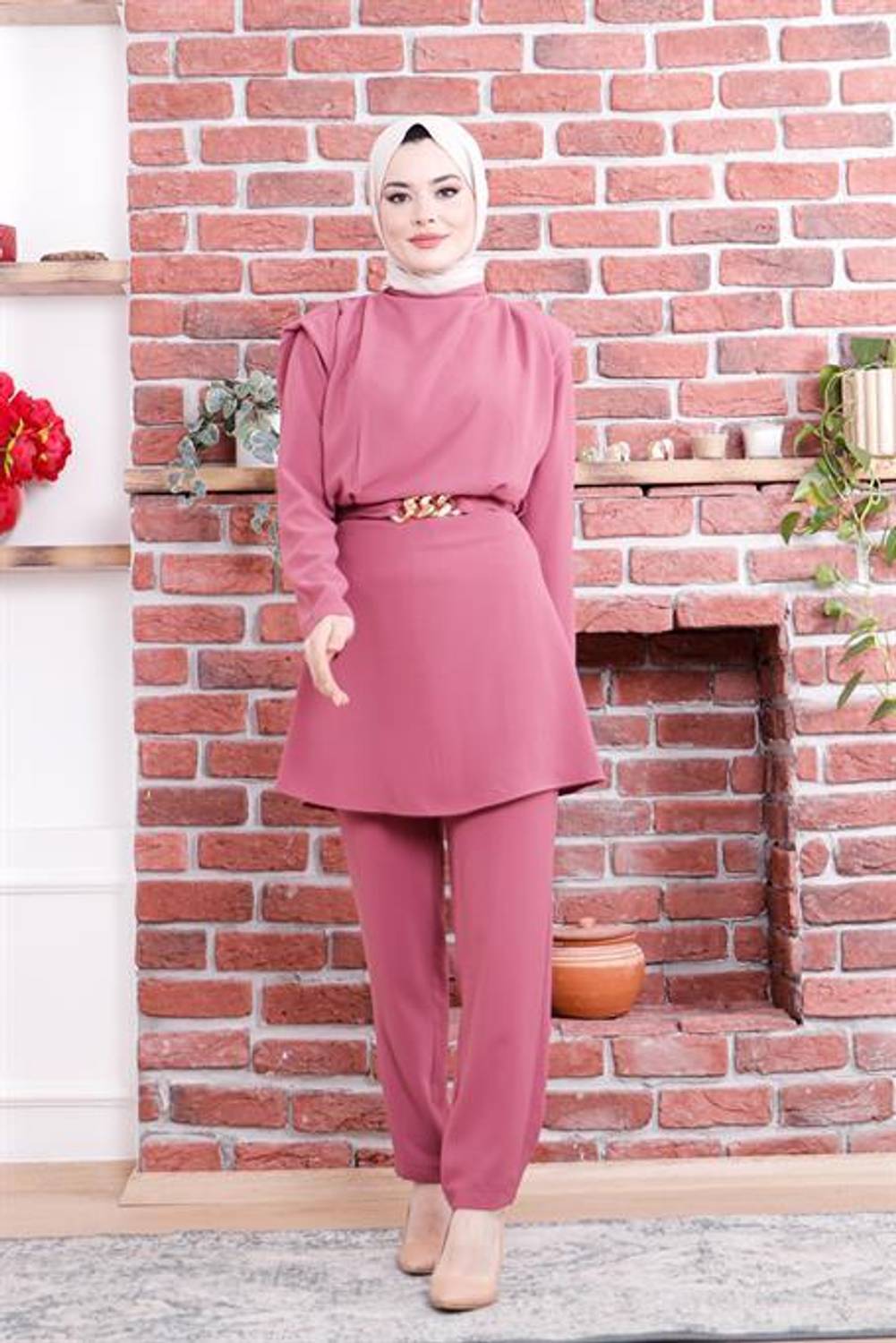 Kemer Detaylı Sade Basic İkili Takım - 02055 - Mürdüm