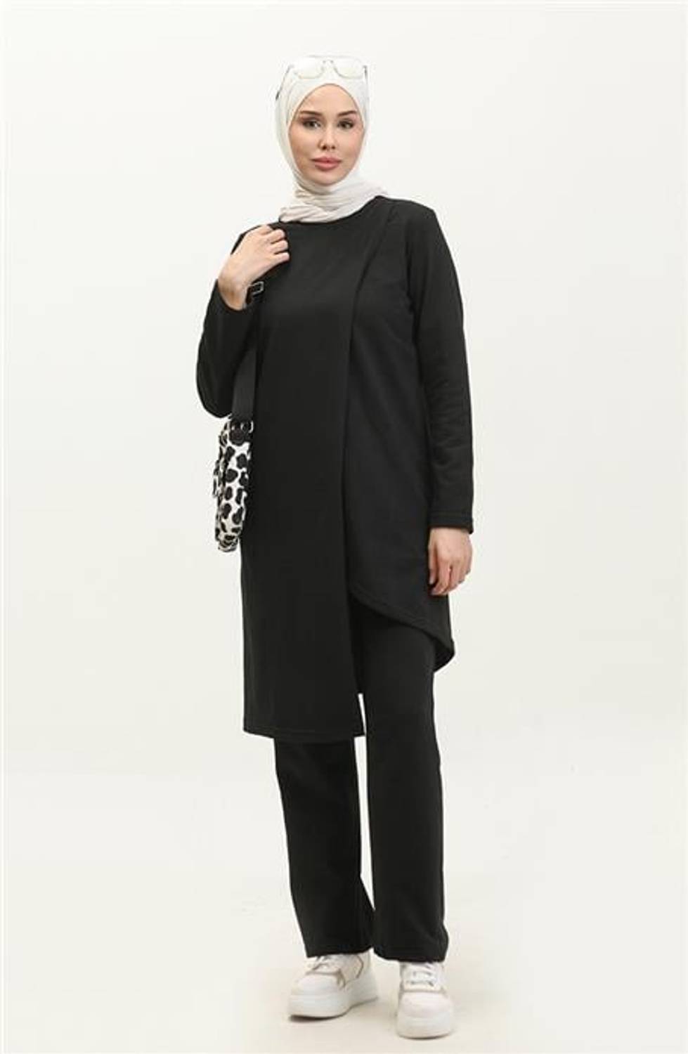 Kruvaze Bisiklet Yaka Sade Basic Tunik Panolon İkili Takım - 03076 - Siyah