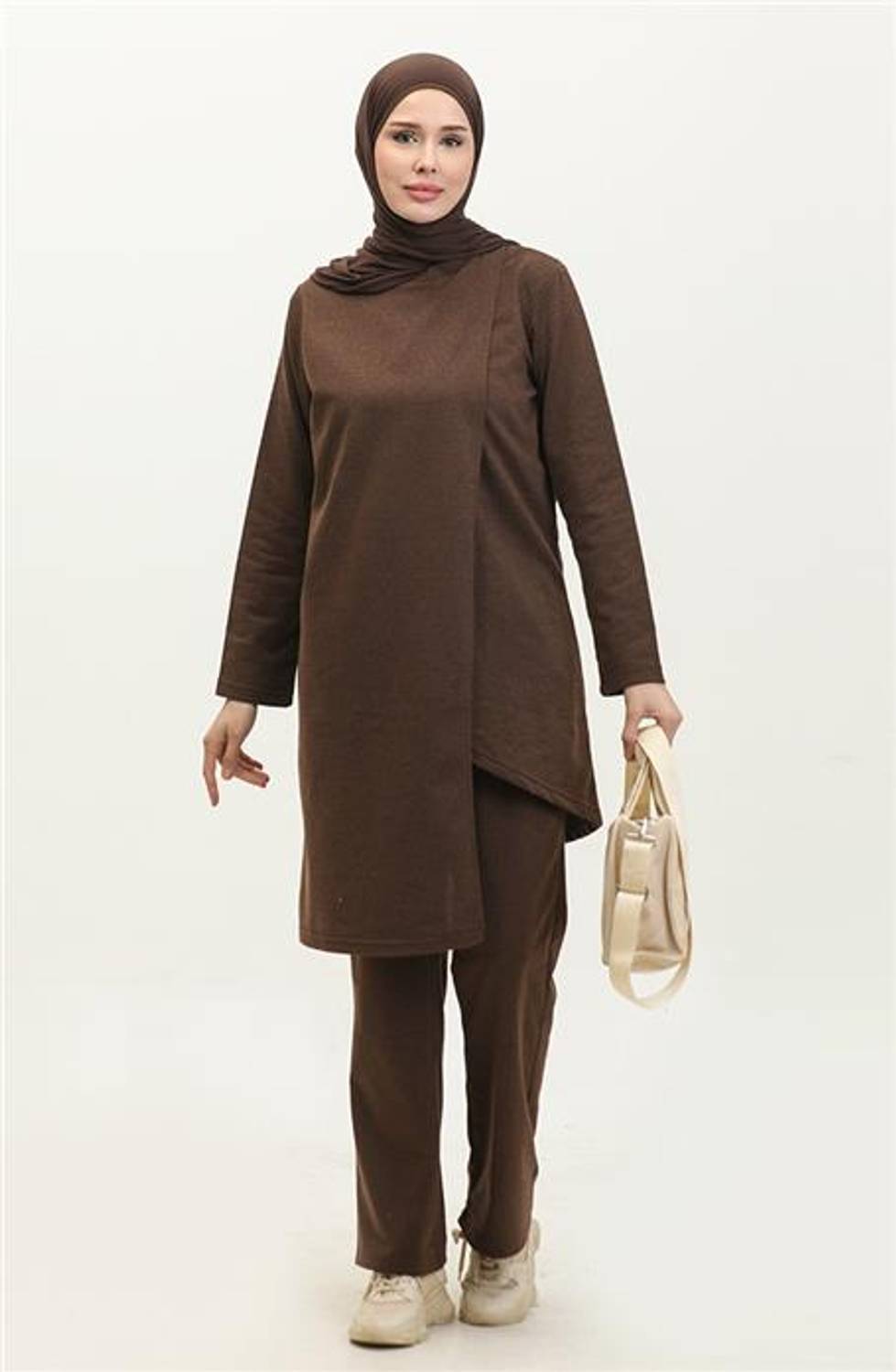 Kruvaze Bisiklet Yaka Sade Basic Tunik Panolon İkili Takım - 03076 - Kahverengi