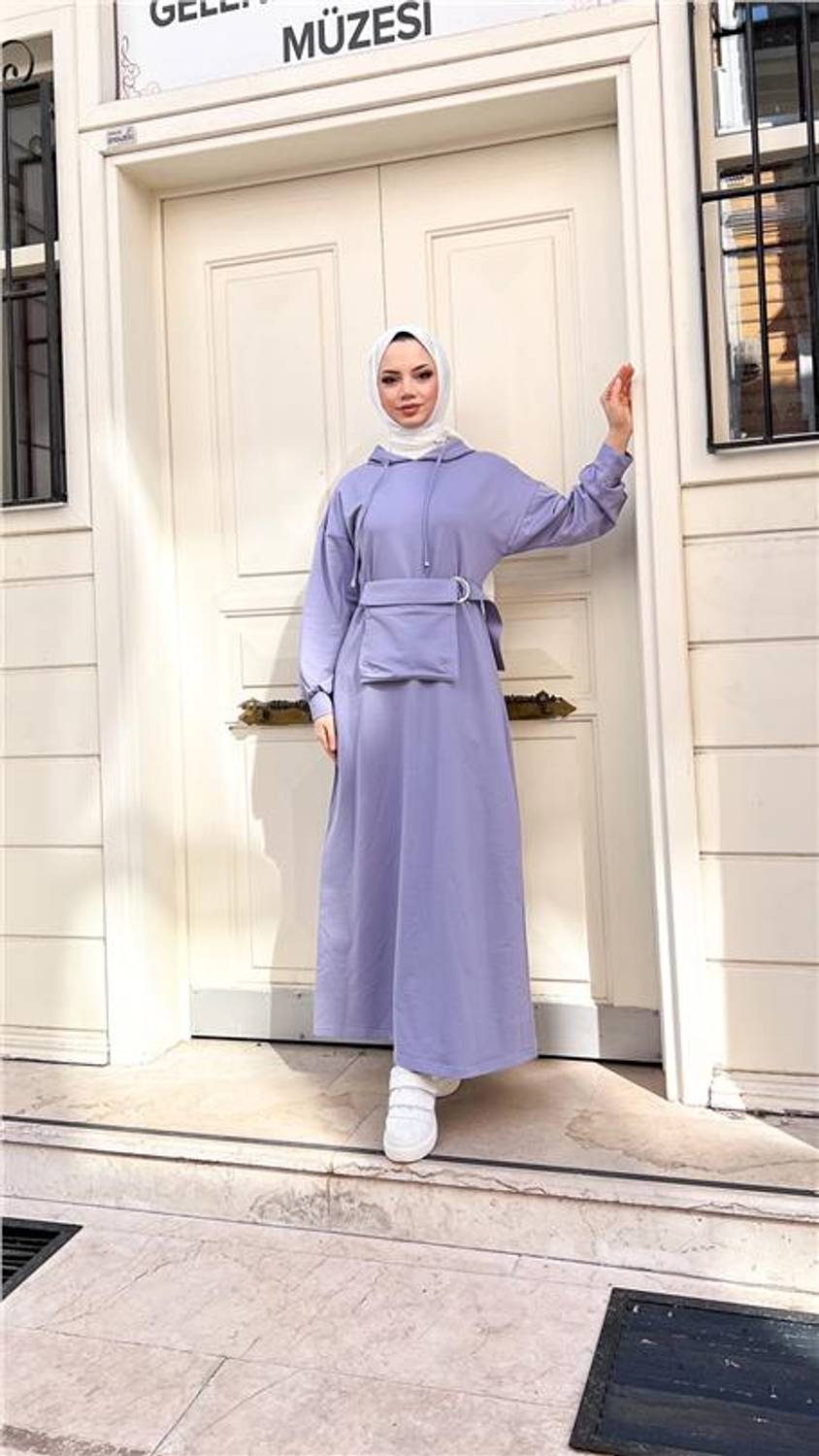 Kapşonlu Seyyar Cepli Pamuklu Elbise - 71169 - Lila