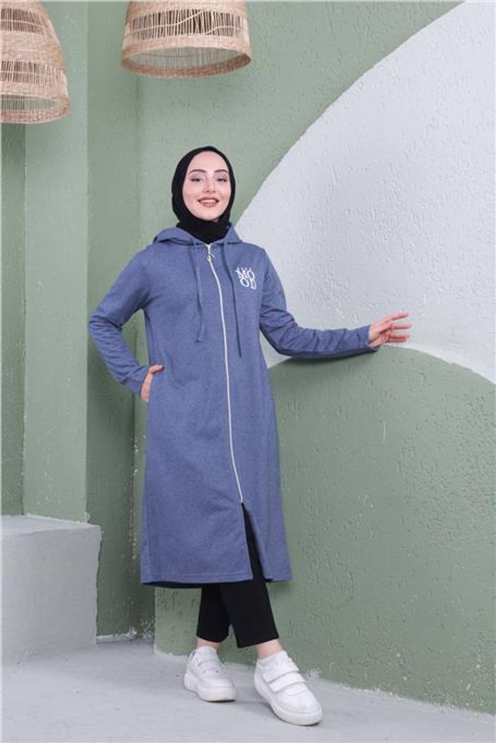 Indigo Printed Zip-Up Hooded Long Sweatshirt for Women