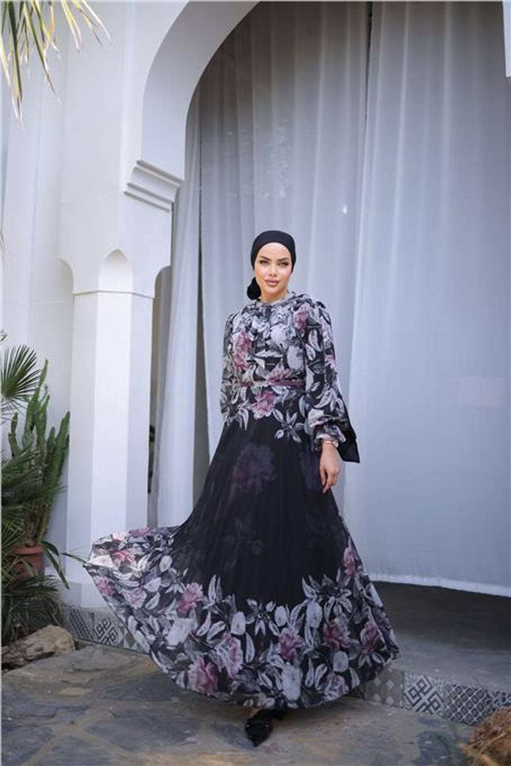 Long Printed Chiffon Dress with Neck Tie and Belt in Dusty Rose