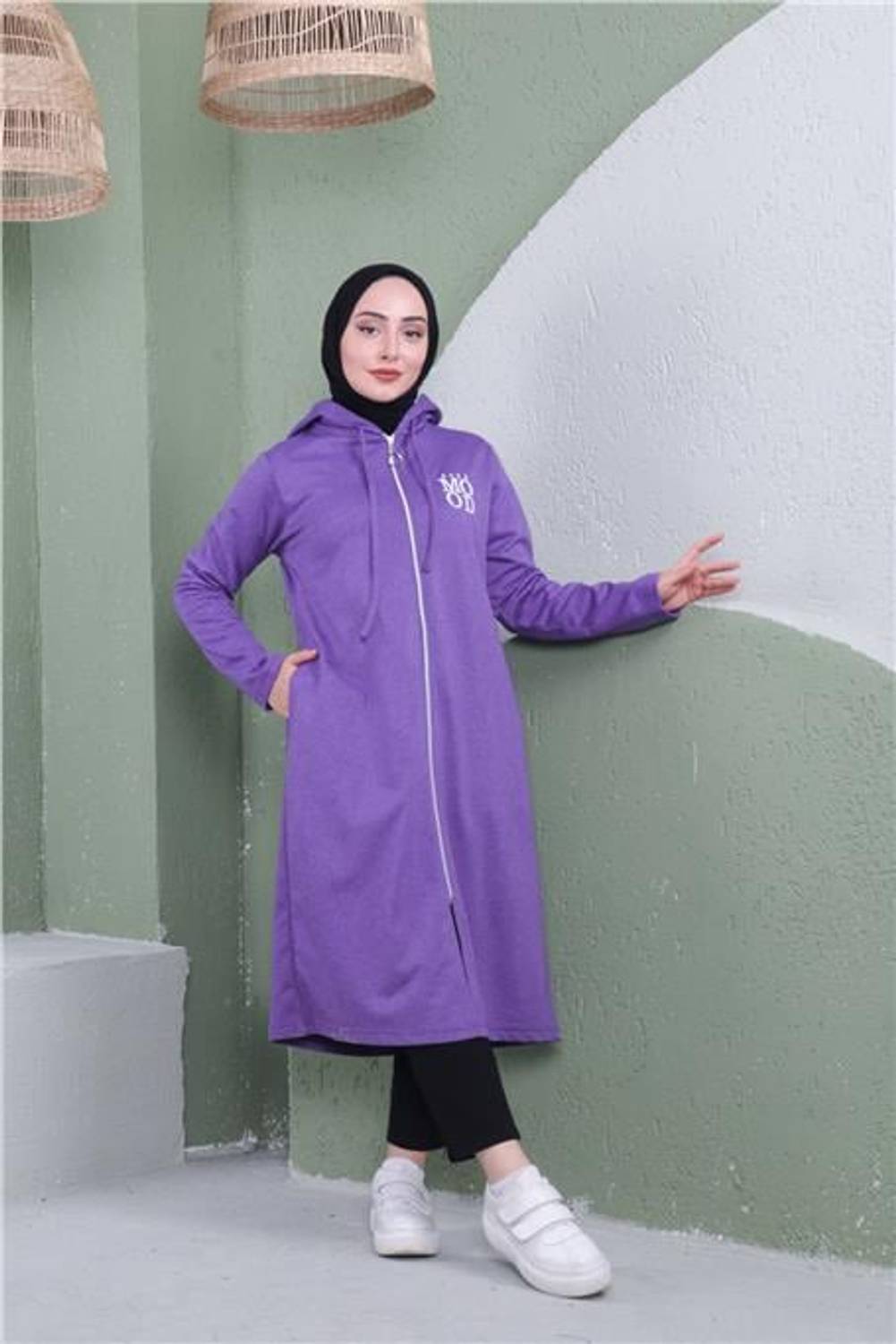 Yazı Baskılı Fermuarlı Kapşonlu Uzun Sweat - 03081 - Koyu Lila