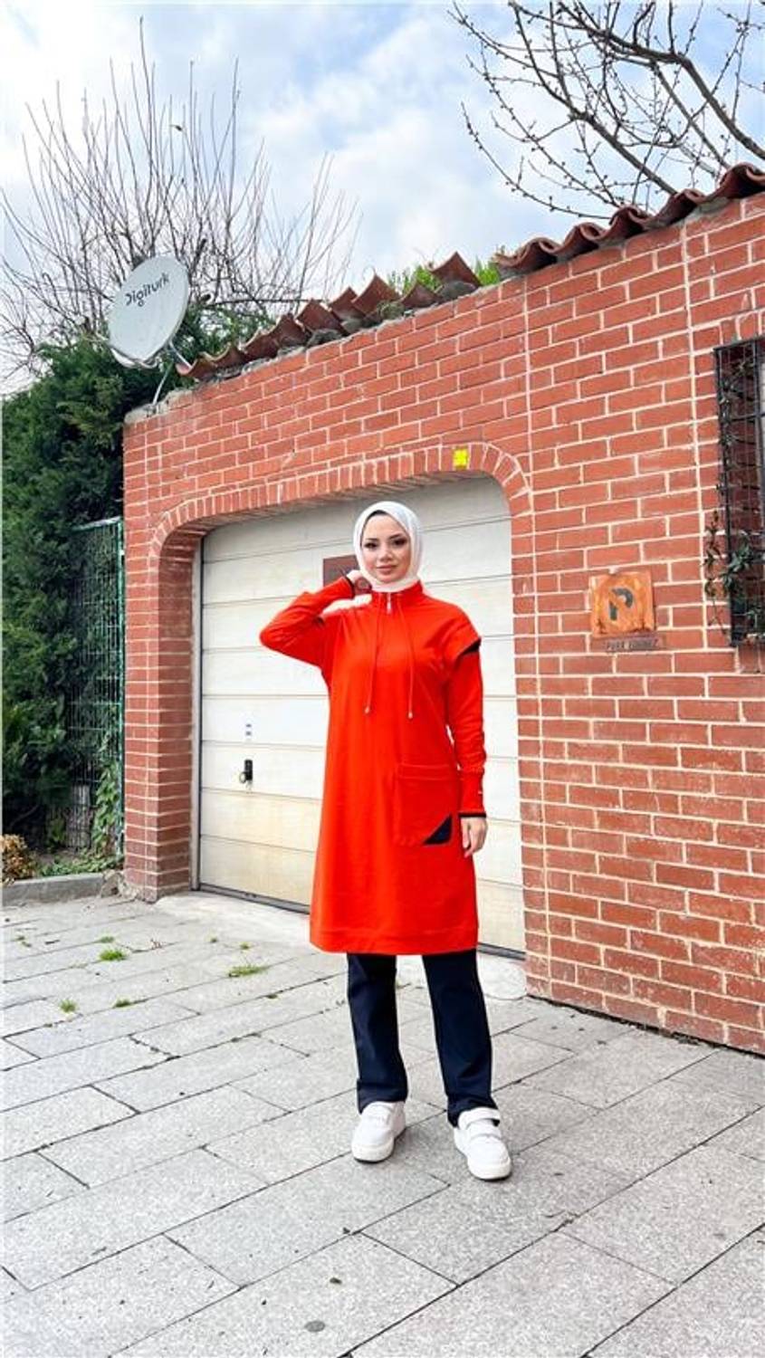 Tek Cepli Yarım Fermuarlı Sweat Pantolon İkili Tesettür Eşofman Takımı - 71178.036 - Oranj