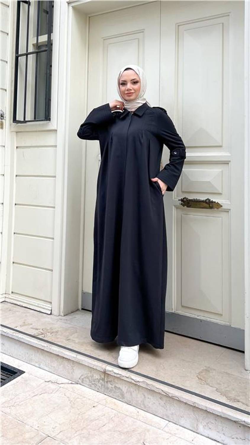 Довга абая з комірцем і декоративними пасками, бавовна, чорна, різні розміри 38-46