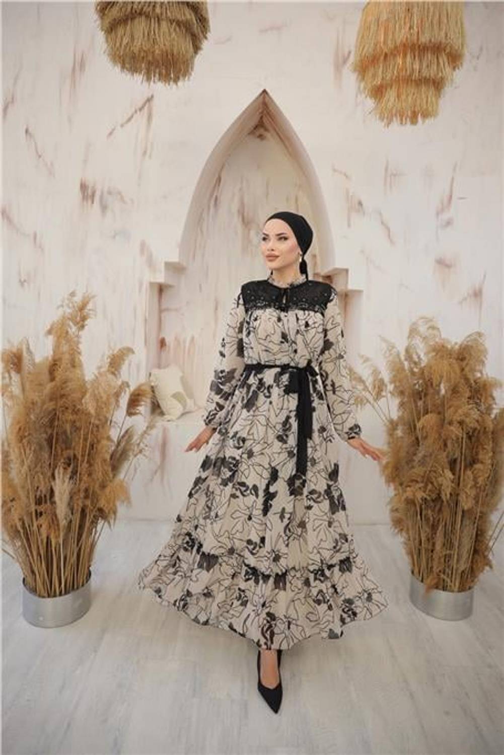 Long Chiffon Dress with Neck and Waist Tie - Patterned - Beige - Available in Sizes 38-46