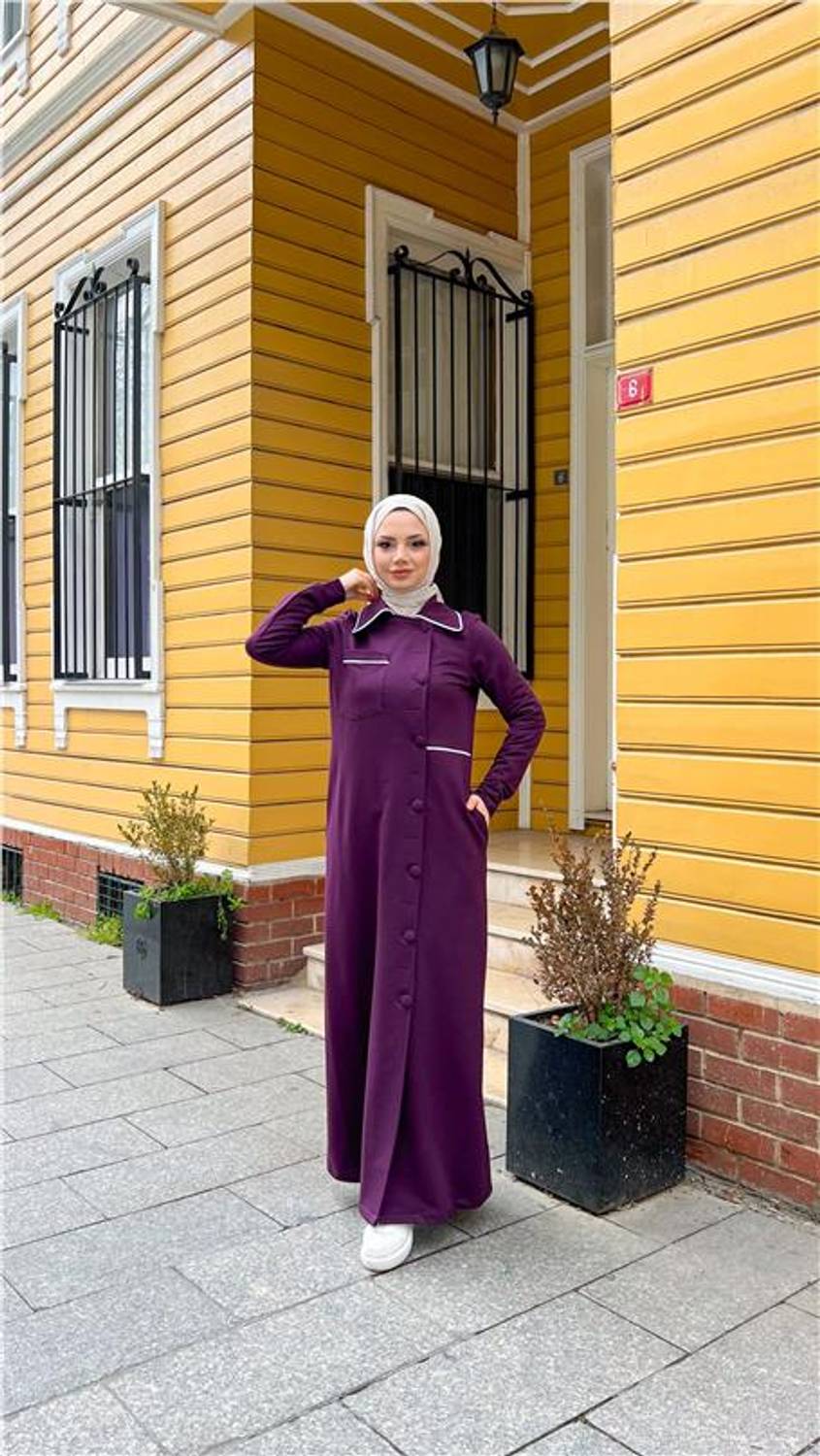 Довгий абая з коміром, кишенями та кнопками, бургундського кольору, розміри 38-46, універсальний фасон