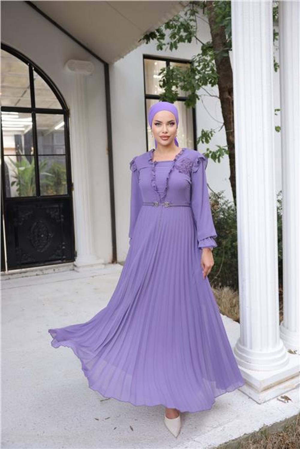 Свадебное длинное шифоновое платье с поясом и вырезом V-образной формы - 50016.019 - Лиловое